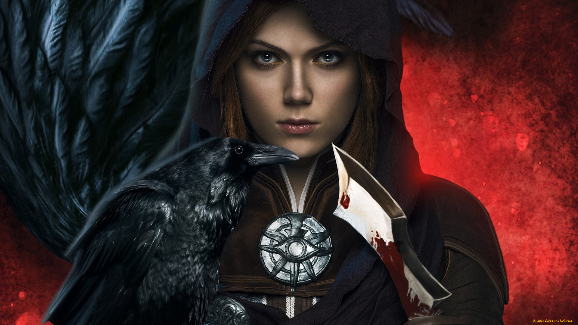 видео, игры, dragon, age, iii, , inquisition, leliana, dragon, age, inquisition, ворон, кинжал, капюшон, кровь, девушка