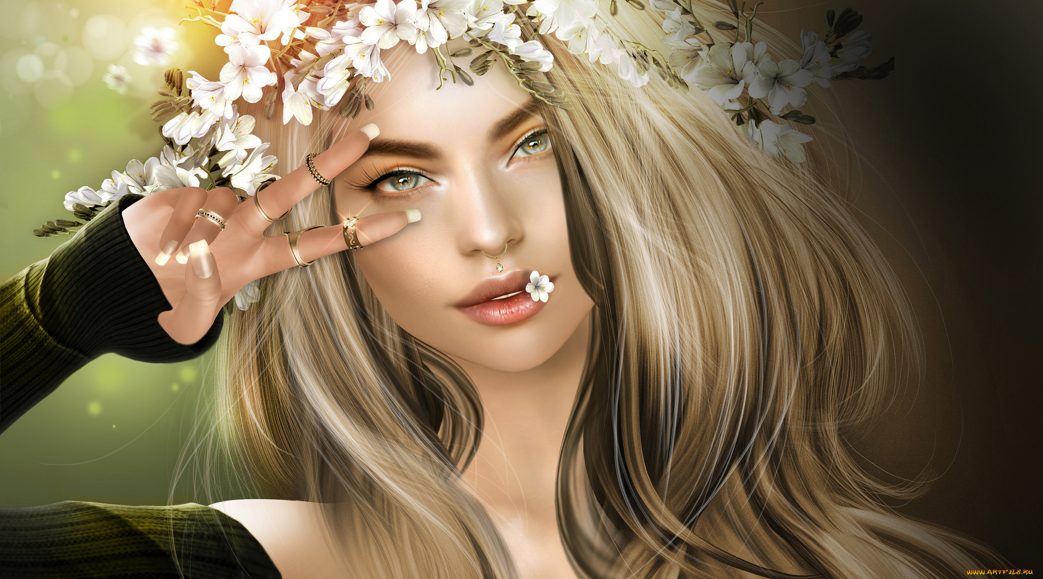 3д, графика, люди, , people, венок, девушка, блондинка, цветы, боке, 3d, графика, арт, кольца, украшения