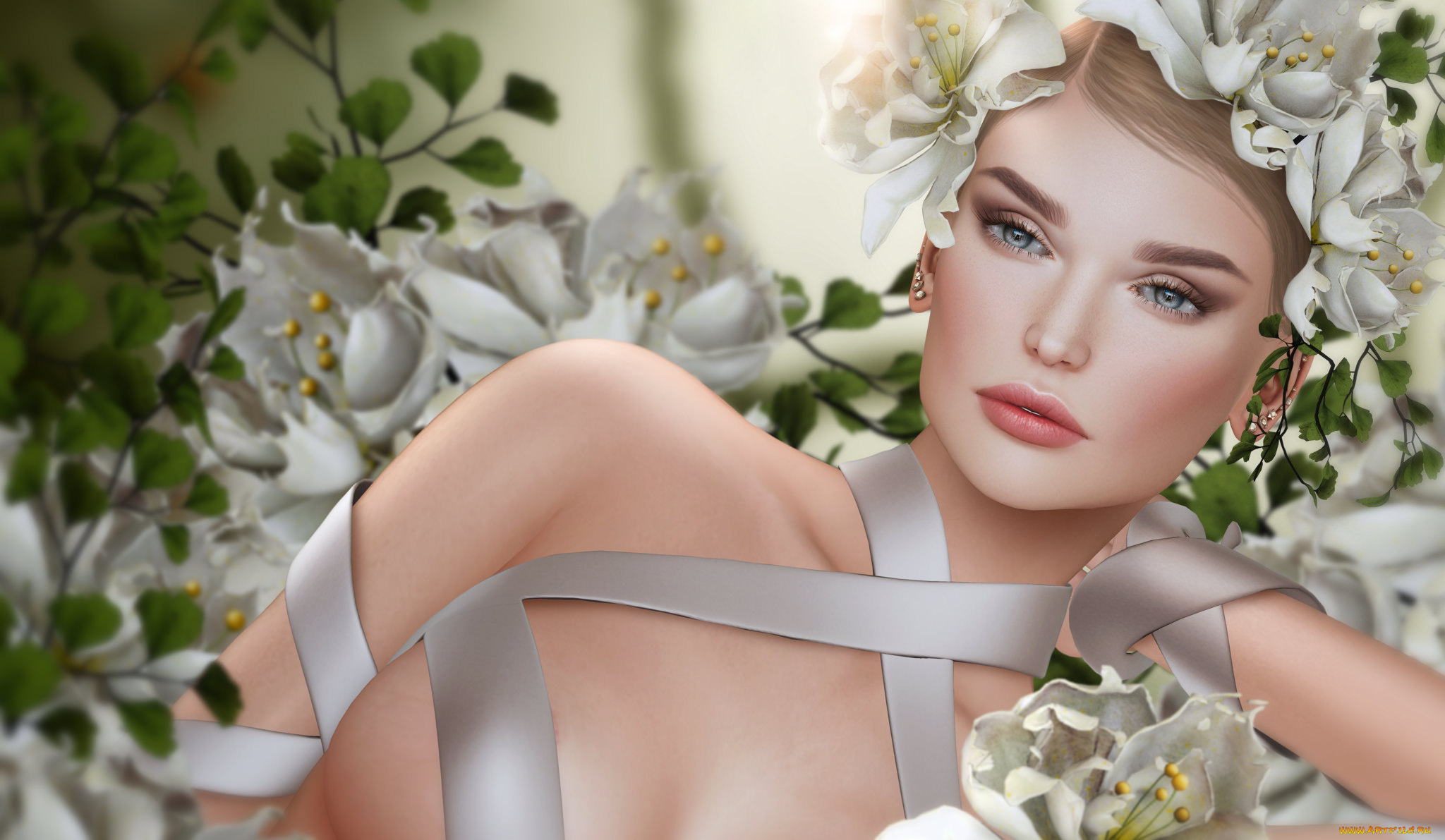 3д, графика, портрет, , portraits, венок, цветы, девушка, портрет