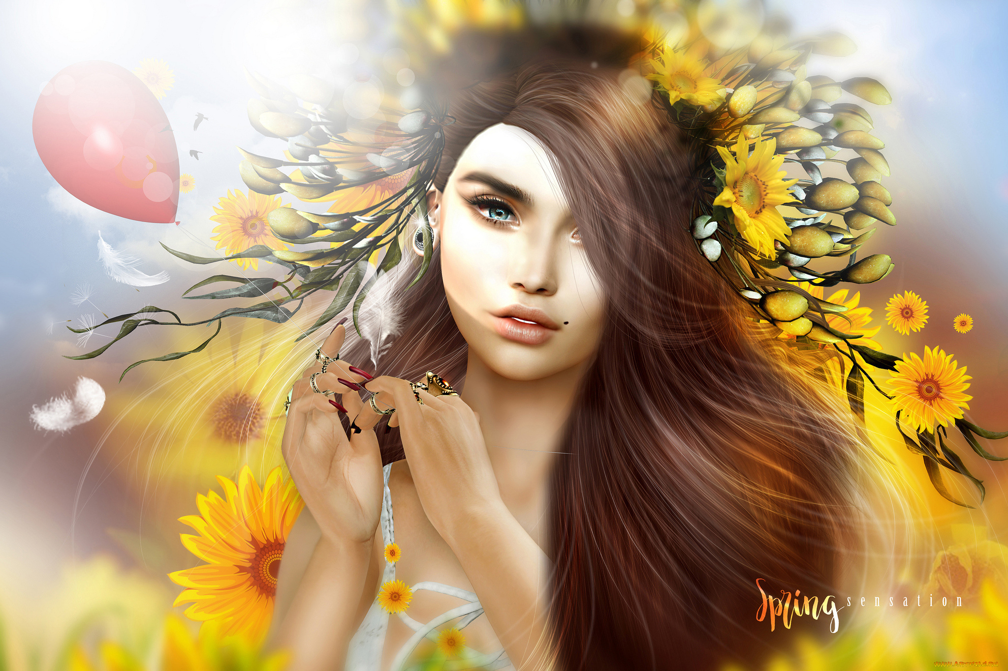 3д, графика, люди, , people, перья, боке, шарик, венок, цветы, бутоны, шатенка, девушка, арт, графика, 3d