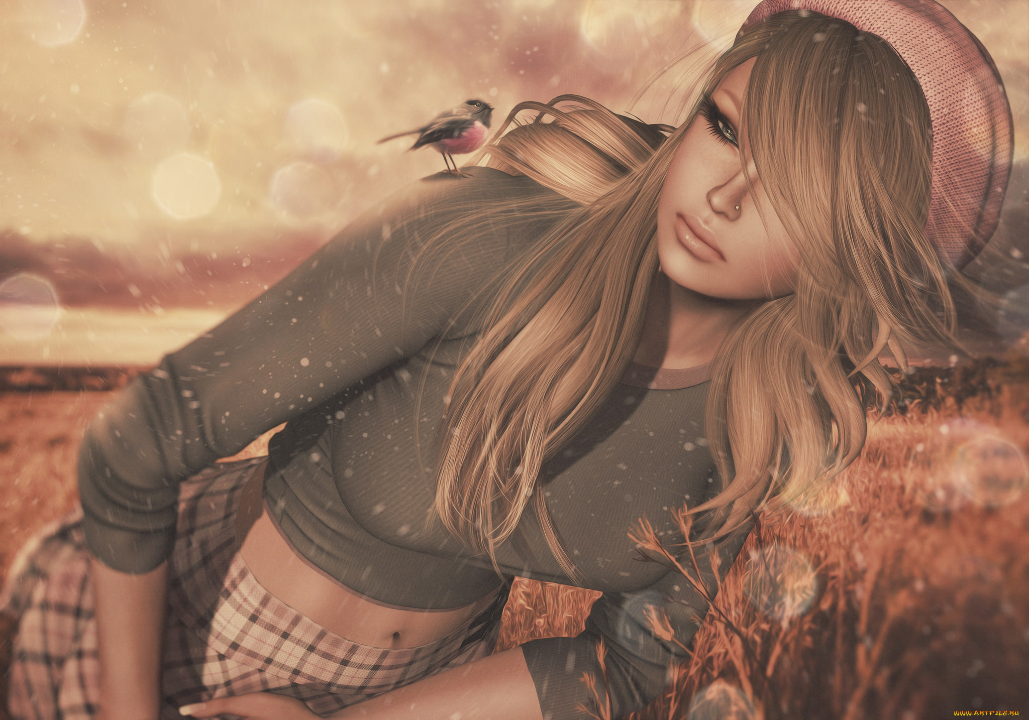 3д, графика, люди, , people, 3д, боке, берет, трава, птица, юбка, джемпер, графика, девушка, природа