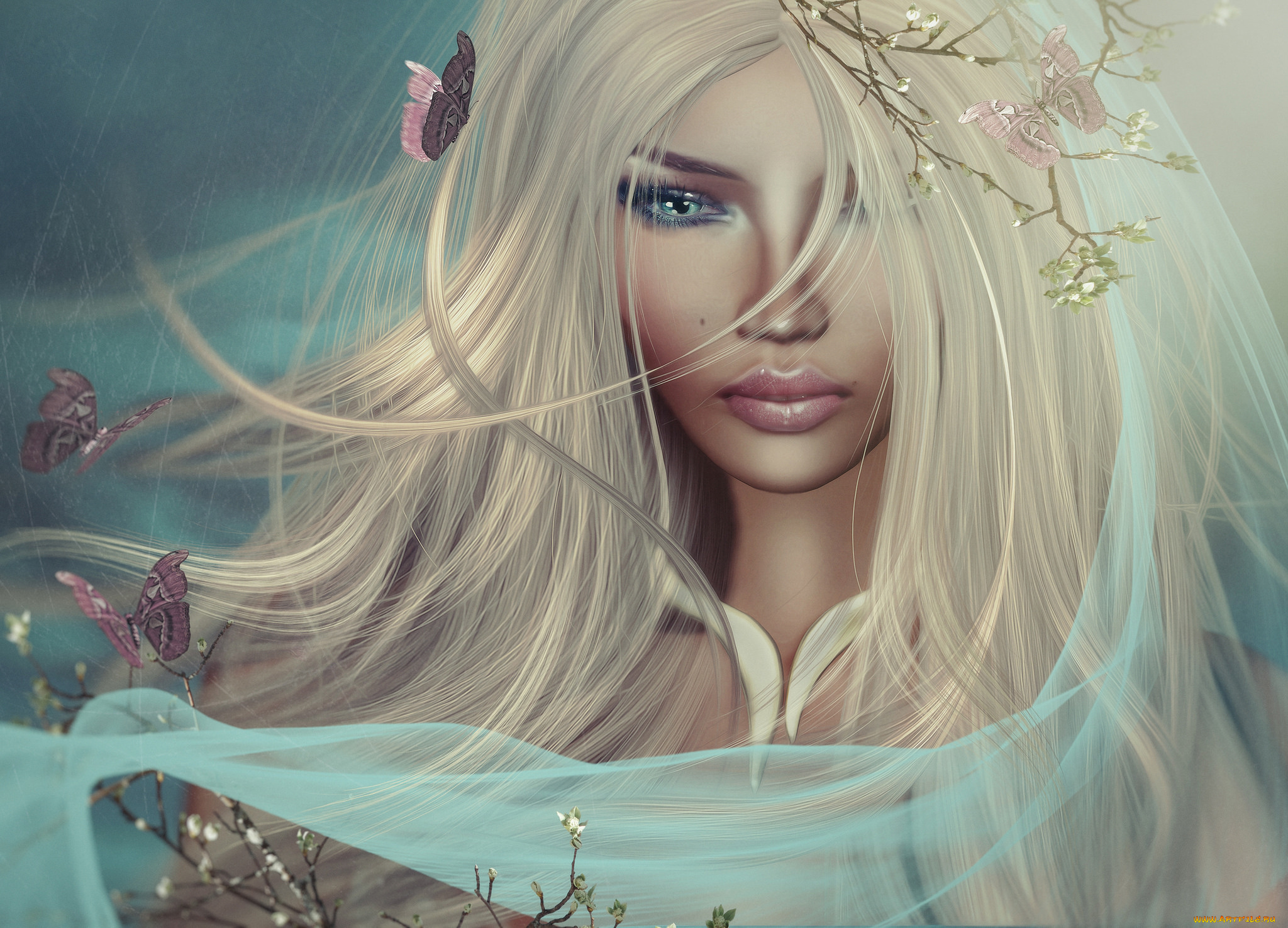 3д, графика, люди, , people, весна, графика, филиалы, 3д, блондинка, девушка, фата, макияж, бабочка