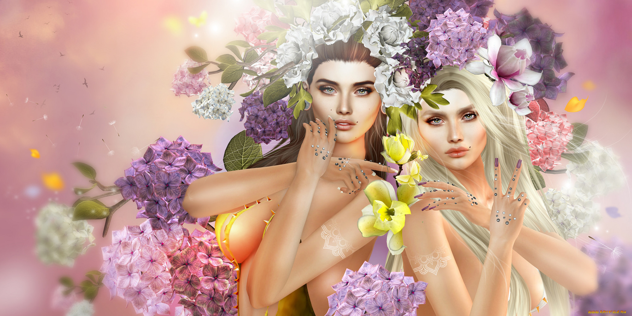 3д, графика, люди, , people, шатенка, магнолия, гортензия, цветы, 3d, украшения, венок, блондинка, девушки, графика, арт