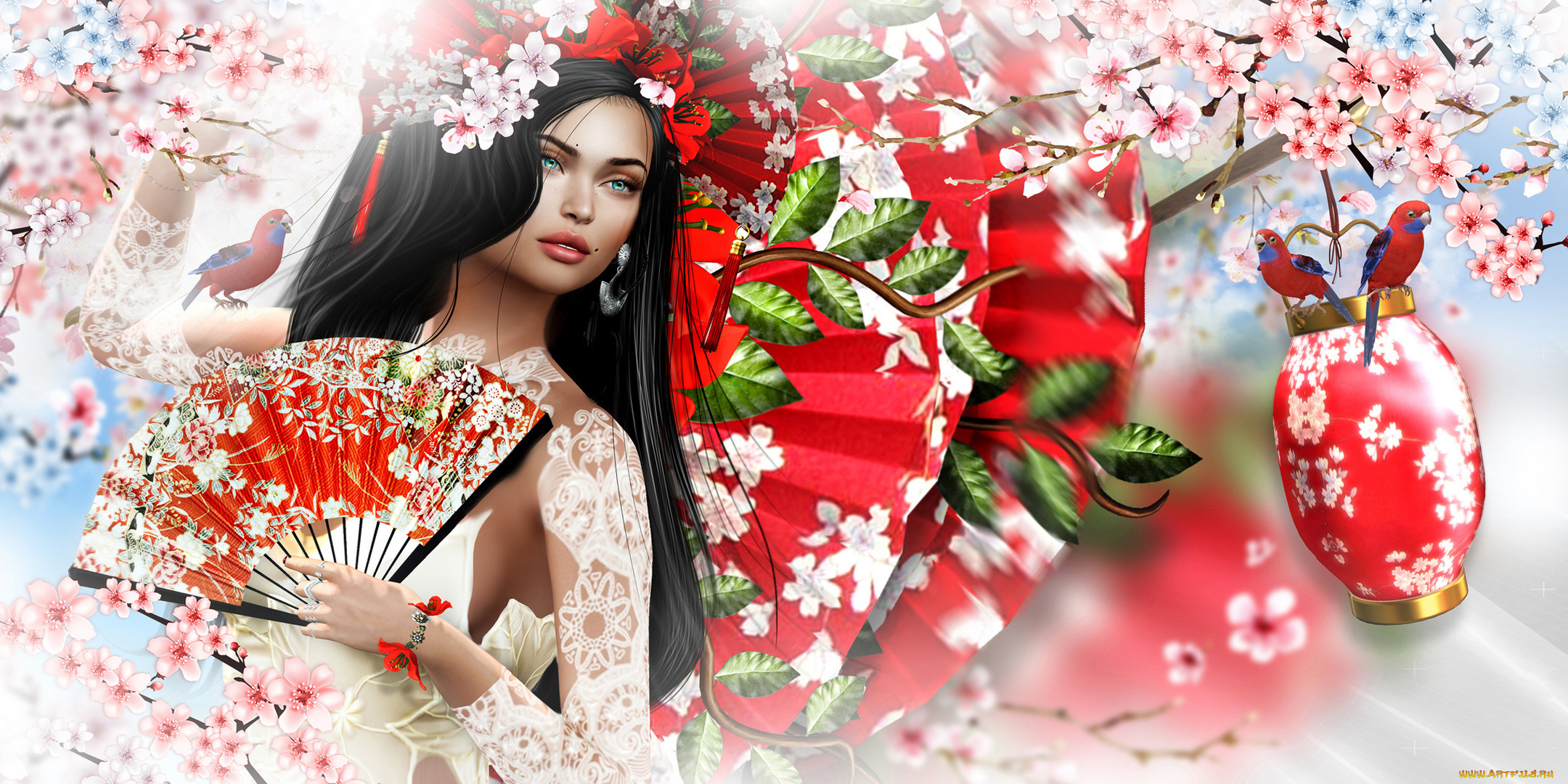 3д, графика, люди, , people, ветки, цветение, арт, девушка, попугаи, фонарик, сакура, веер, 3d, брюнетка, графика, весна, птицы