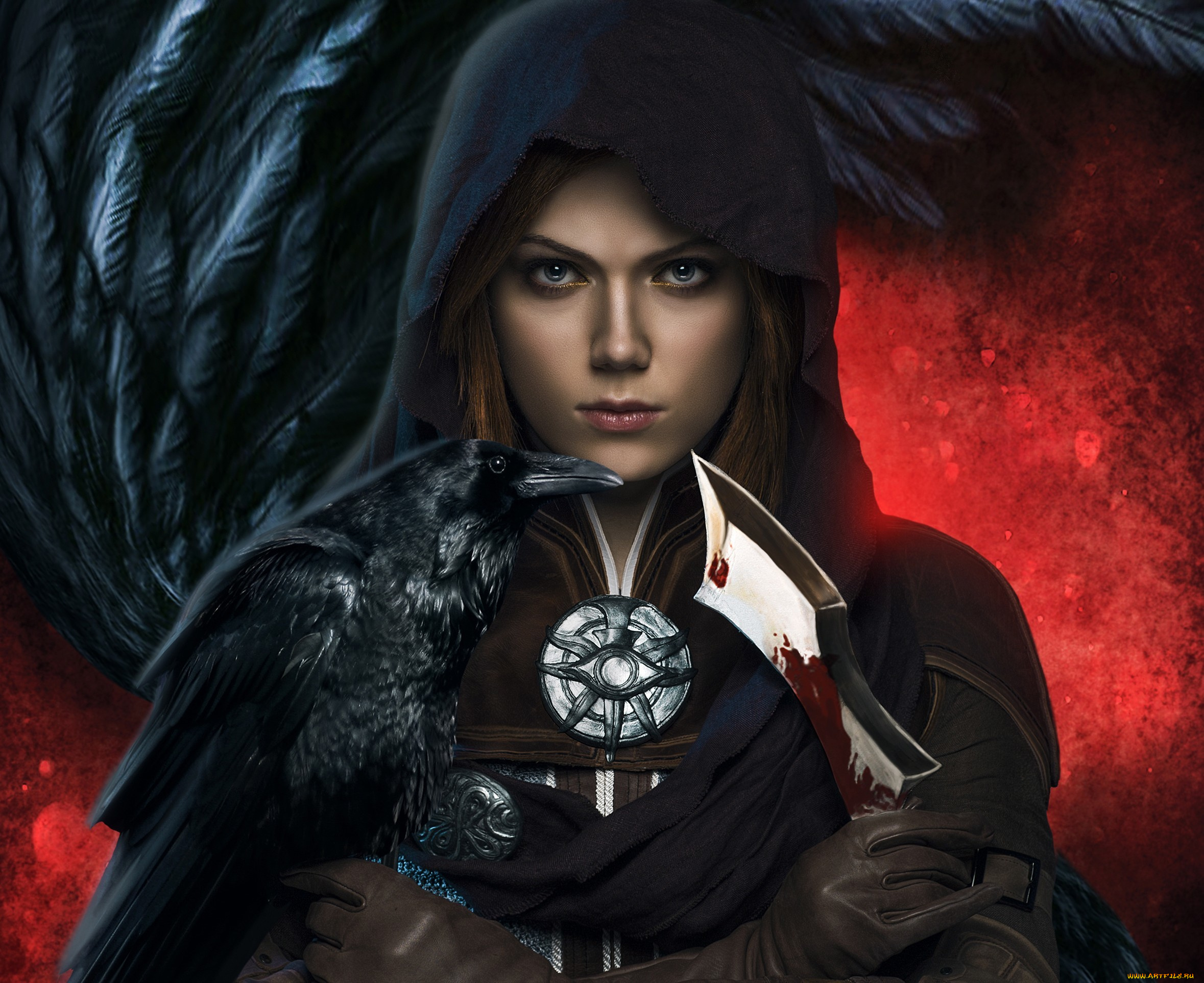 видео, игры, dragon, age, iii, , inquisition, leliana, dragon, age, inquisition, ворон, кинжал, капюшон, кровь, девушка