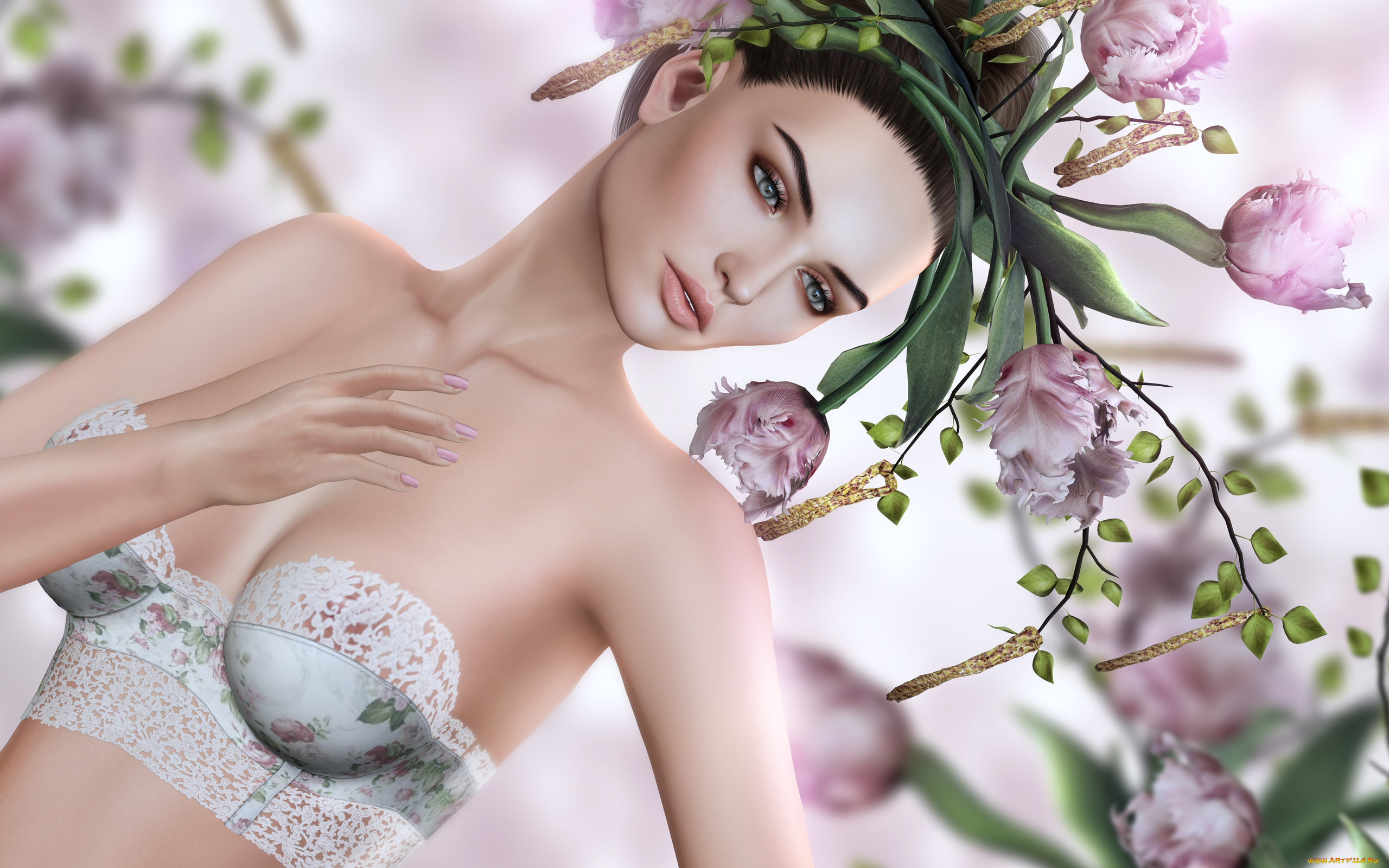 3д, графика, люди, , people, ветки, тюльпаны, брюнетка, девушка, венок, цветы, лиф, арт, графика, 3d, серёжки, берёза