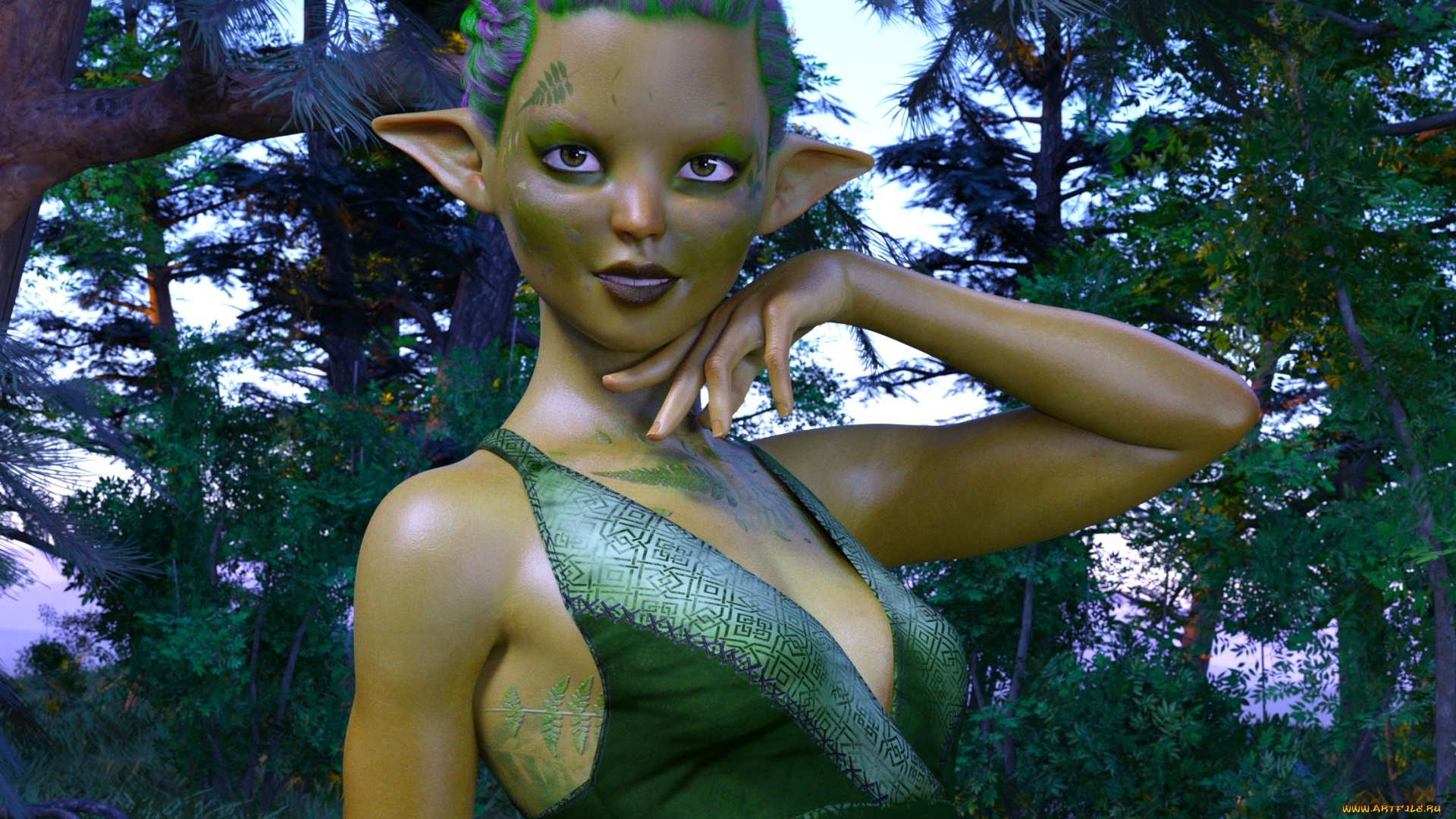 3д, графика, эльфы, , elves, взгляд, фон, эльфийка