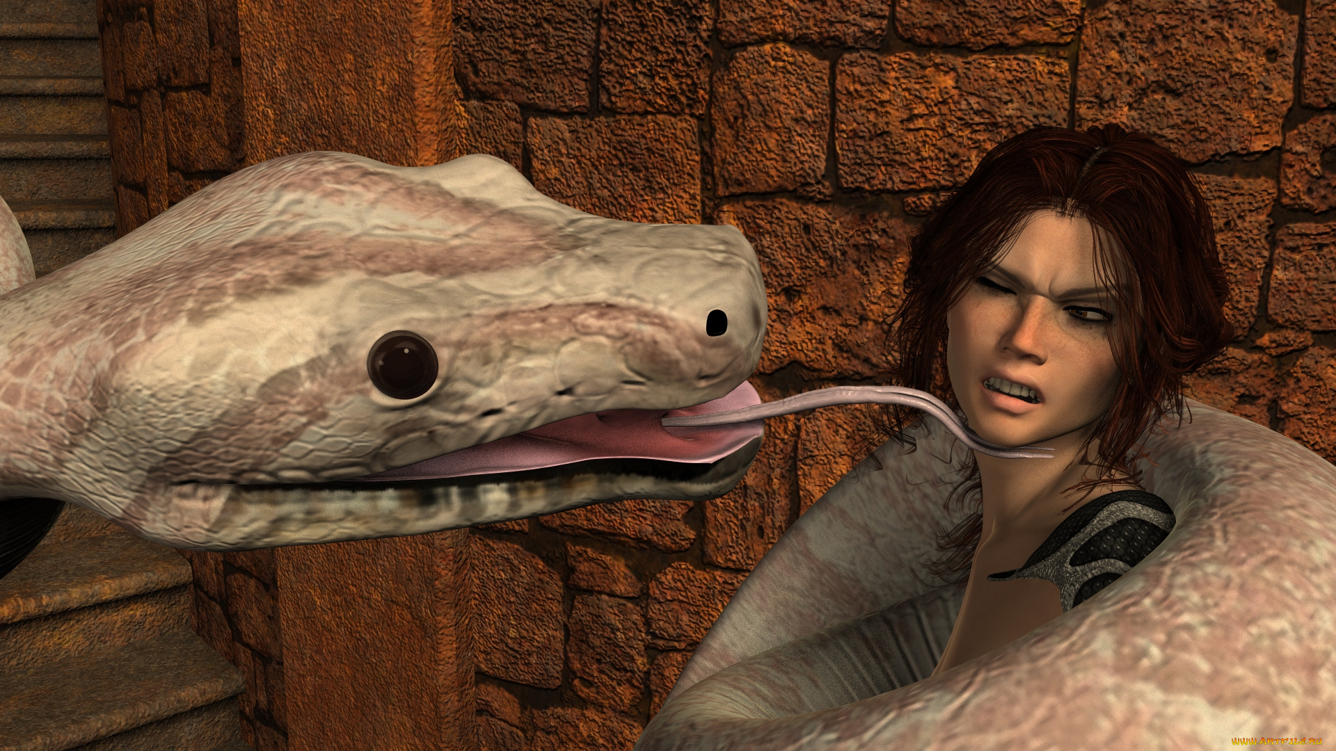 3д, графика, фантазия, , fantasy, взгляд, девушка, змея, фон