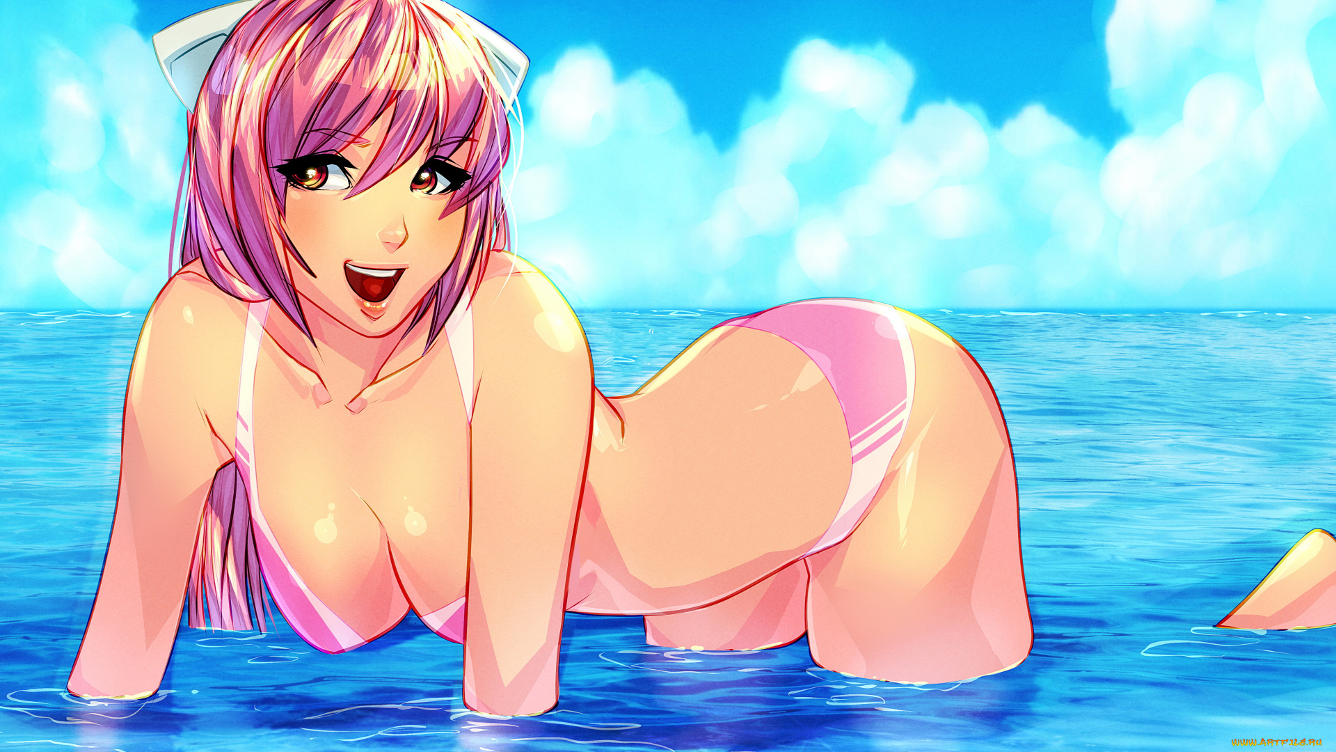 аниме, unknown, , другое, , девушка, вода, купальник, взгляд, фон