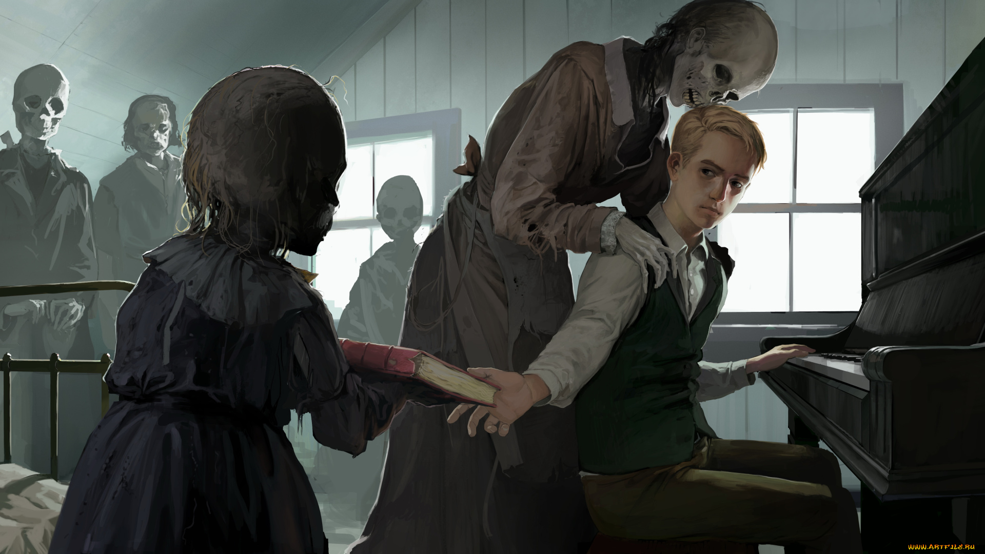 фэнтези, нежить, юноша, рояль, книга, скелет