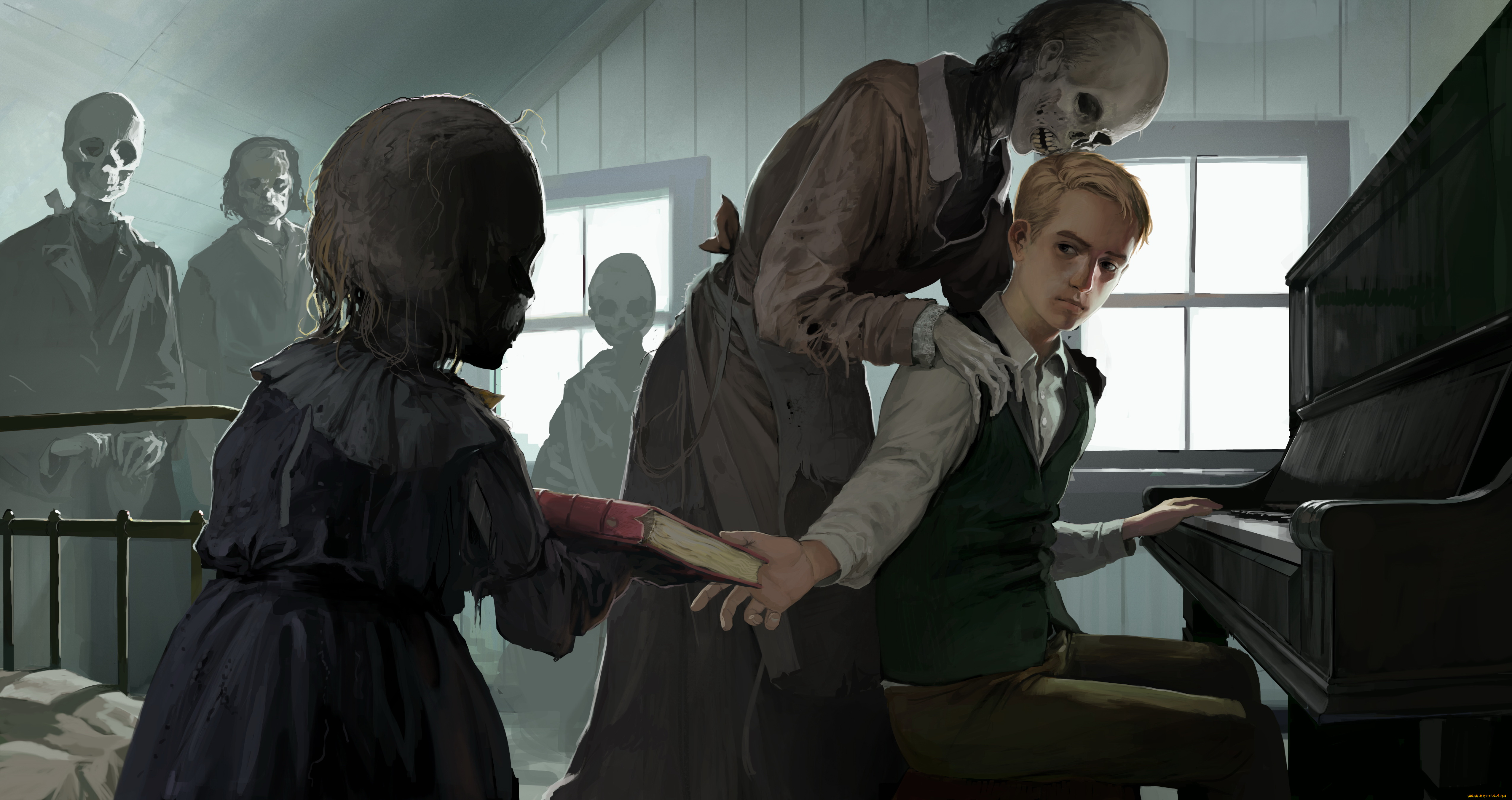 фэнтези, нежить, юноша, рояль, книга, скелет