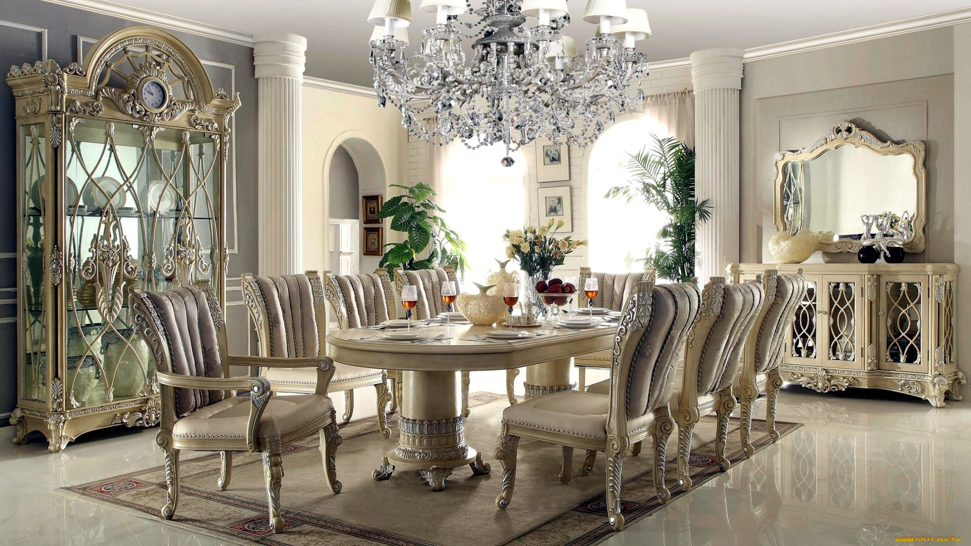 интерьер, столовая, люстра, стулья, стол