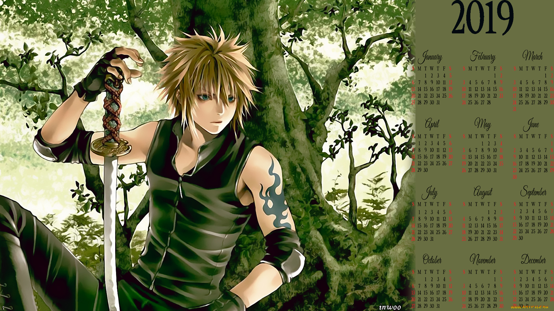 календари, аниме, 2019, calendar, природа, тату, дерево, человек, оружие