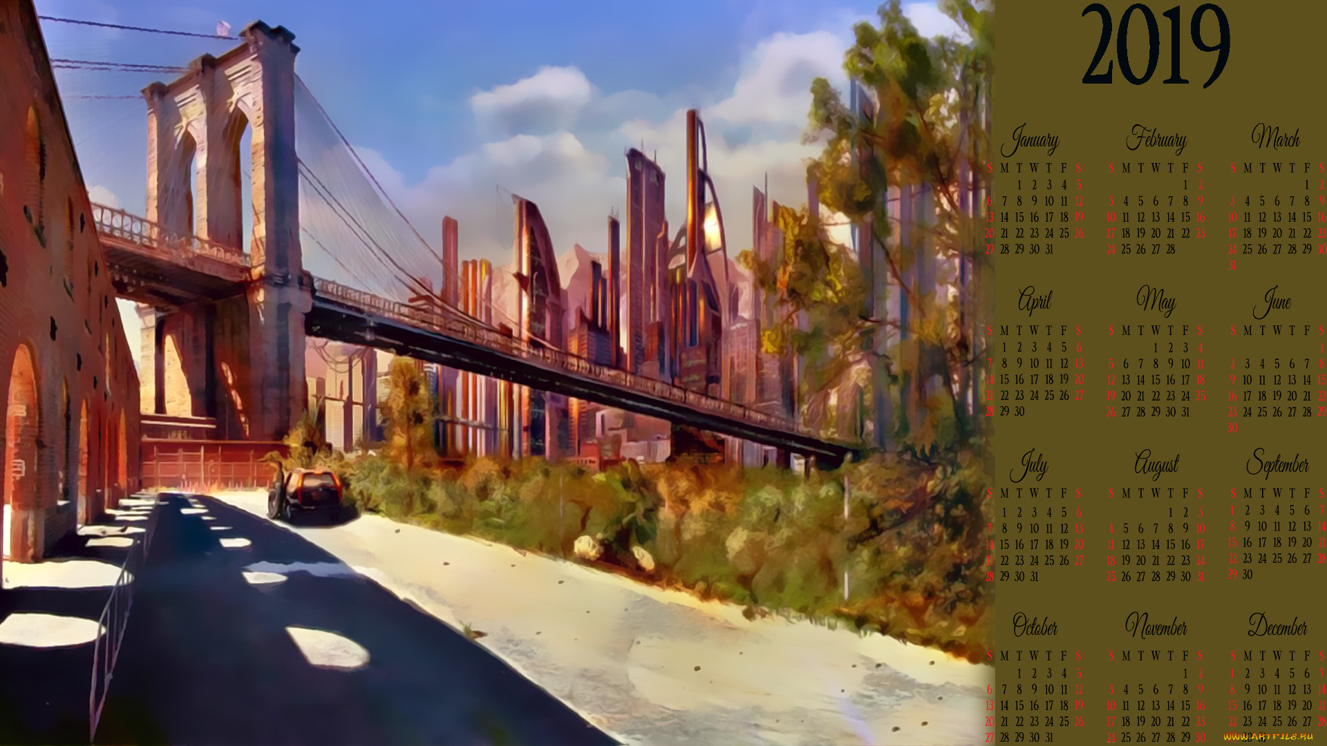 календари, фэнтези, небоскреб, мост, 2019, calendar, улица, город