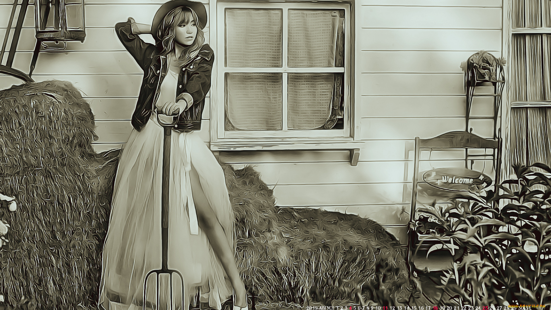 календари, компьютерный, дизайн, женщина, деревня, шляпа, окно, дом, calendar, 2019, вилы, девушка