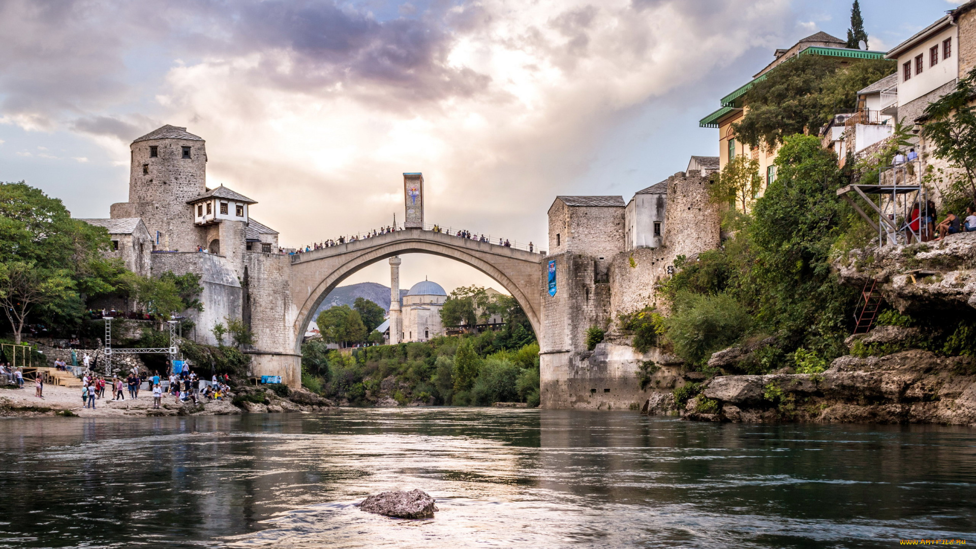 города, мостар, , босния, и, герцеговина, река, мост