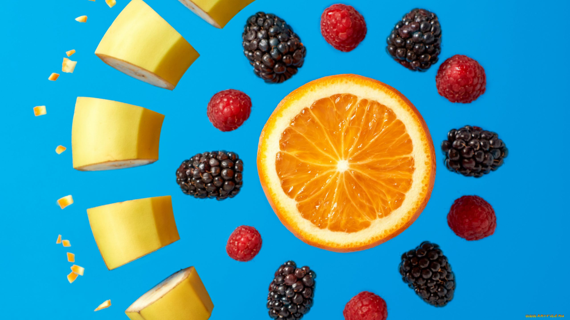 еда, фрукты, , ягоды, апельсин, банан, ежевика, малина