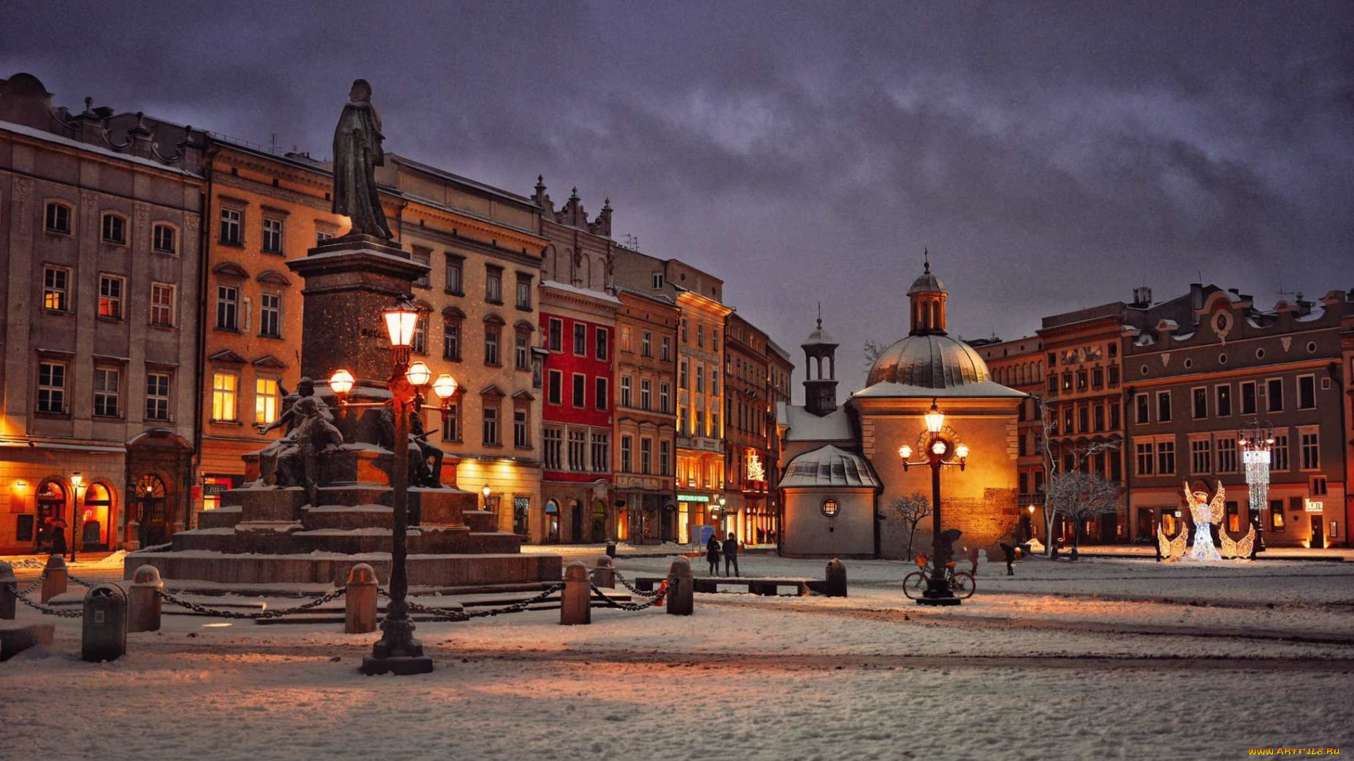 города, краков, , польша, площадь, памятник, фонари, вечер, зима