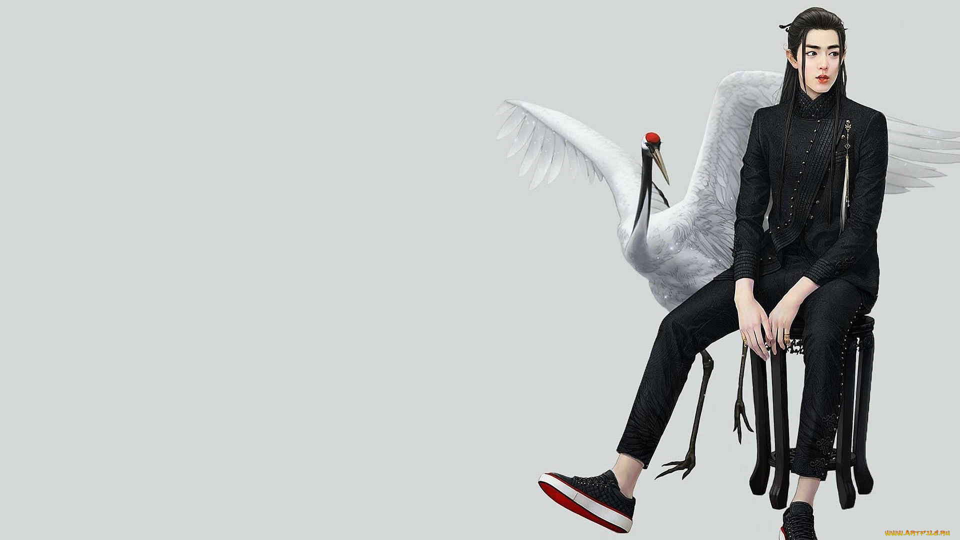 рисованное, люди, сяо, джань, табуретка, журавль