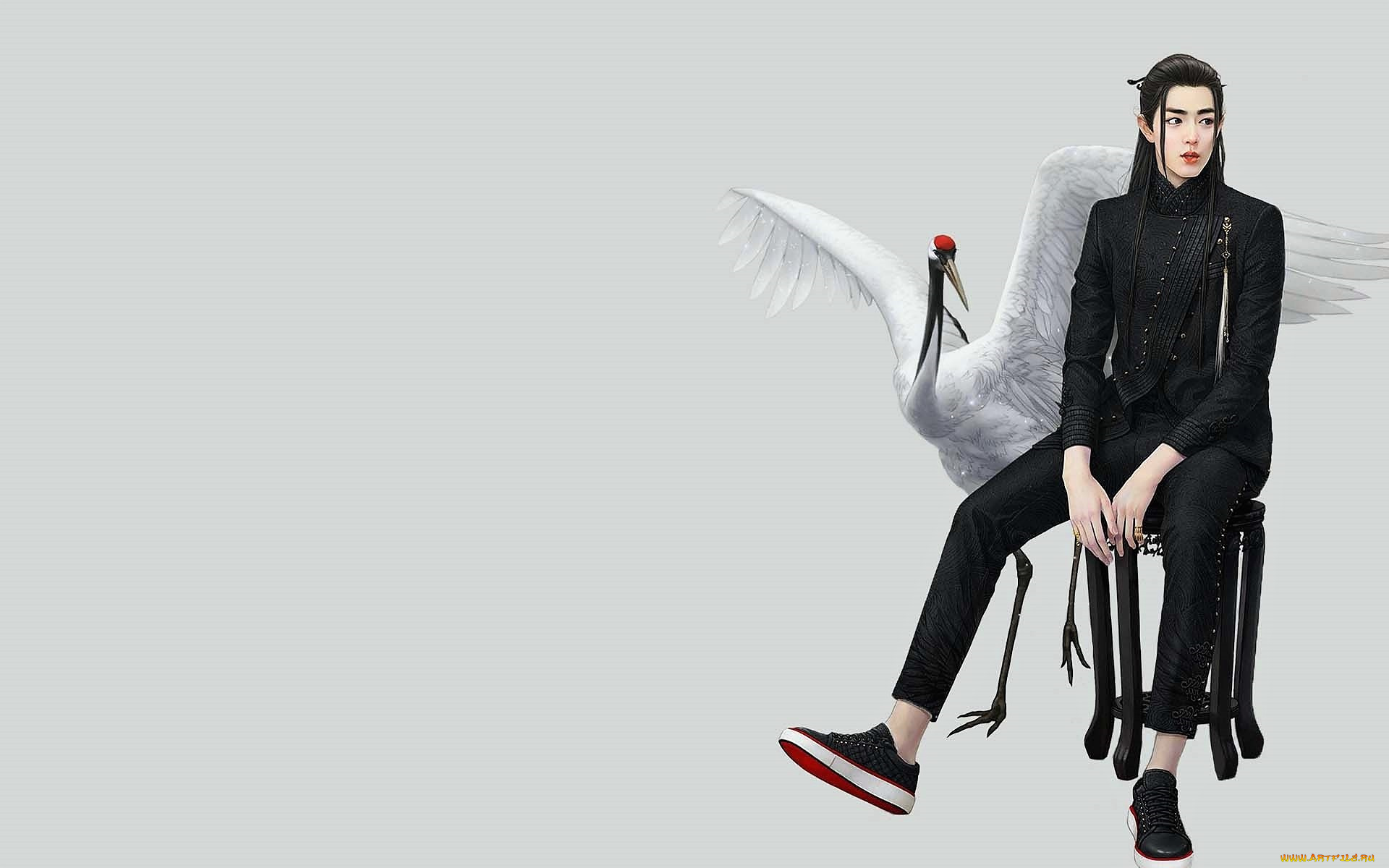 рисованное, люди, сяо, джань, табуретка, журавль