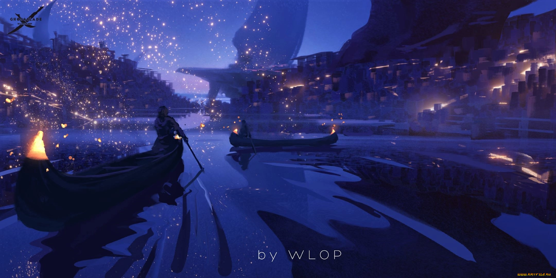 фэнтези, _ghost, blade, , , призрачный, клинок, озеро, лодки, искры, город