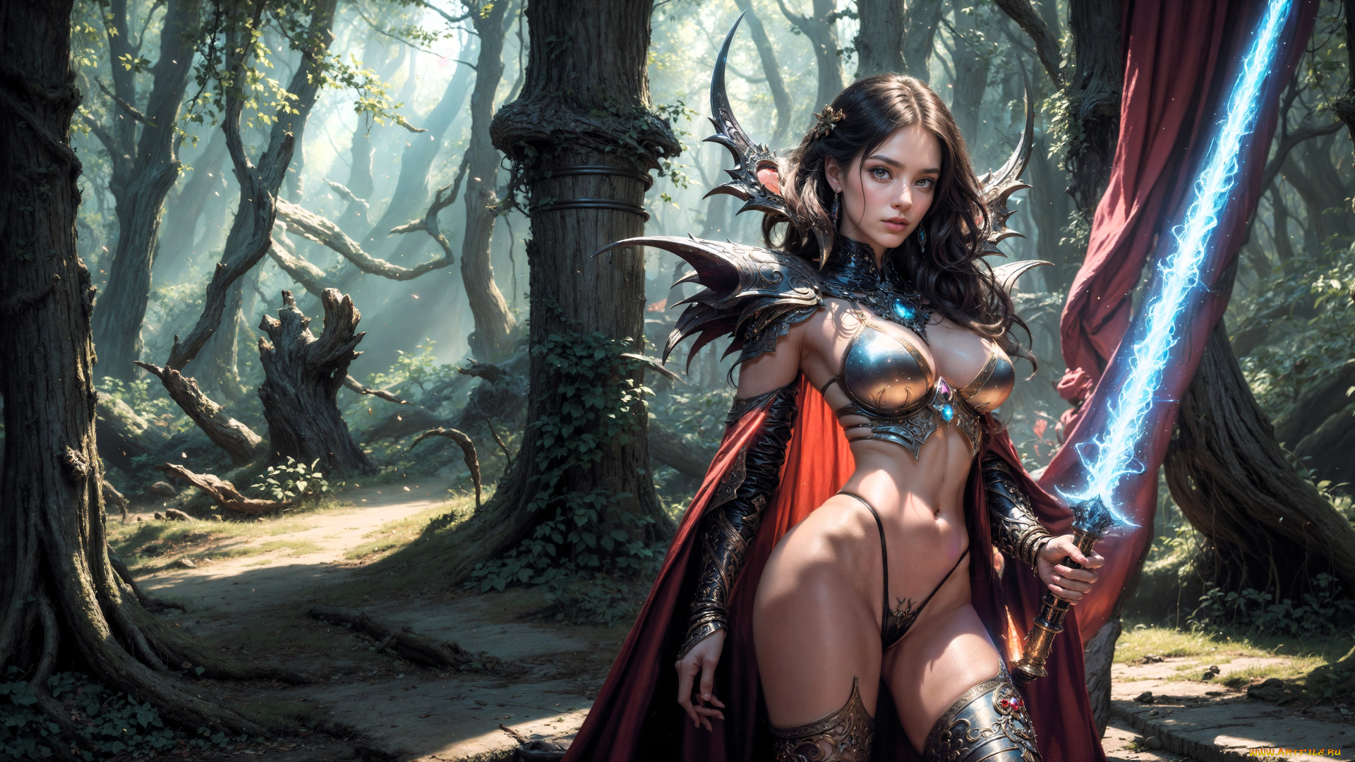 3д, графика, фантазия, , fantasy, девушка, плащ, меч, лес