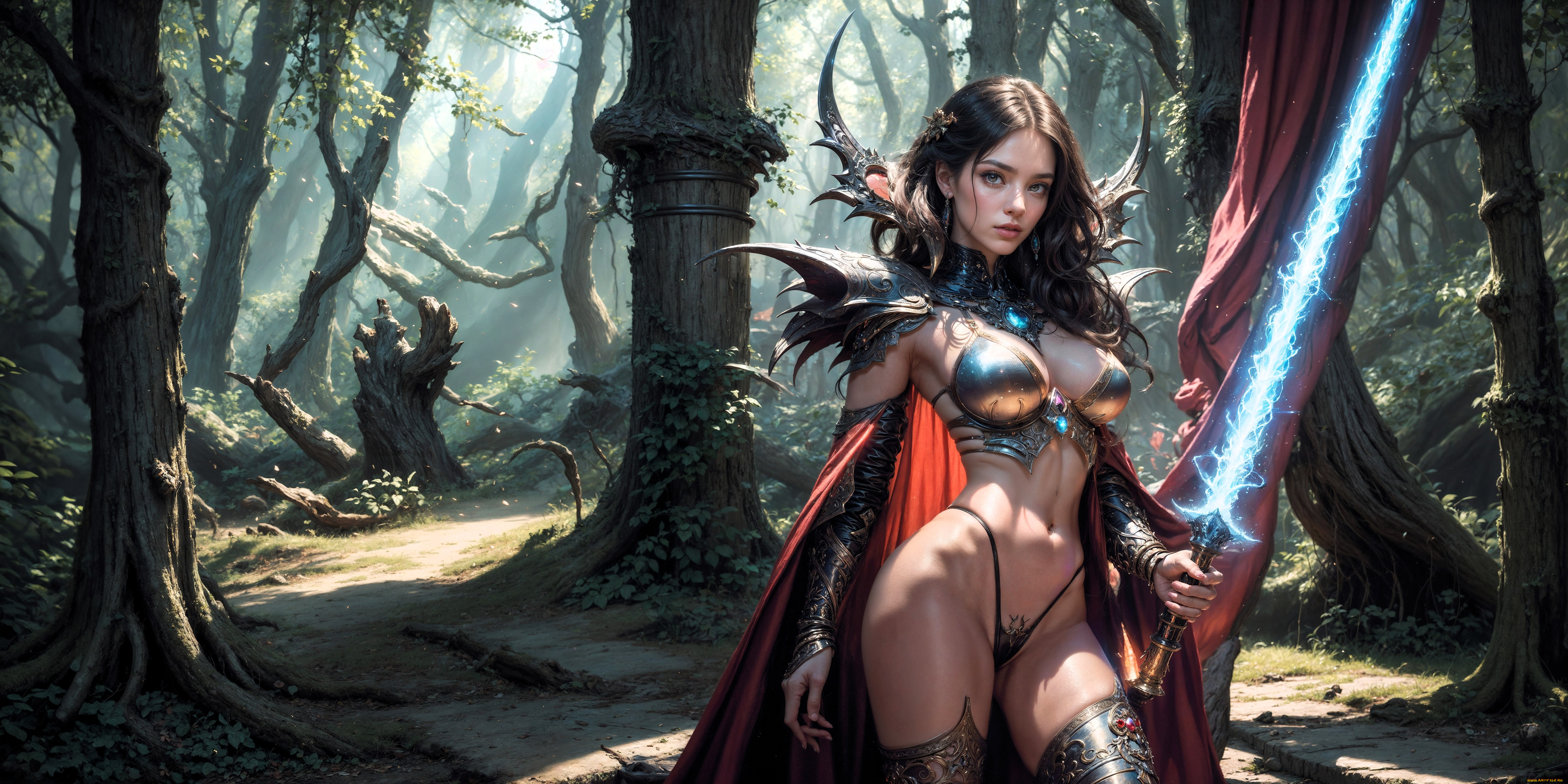 3д, графика, фантазия, , fantasy, девушка, плащ, меч, лес