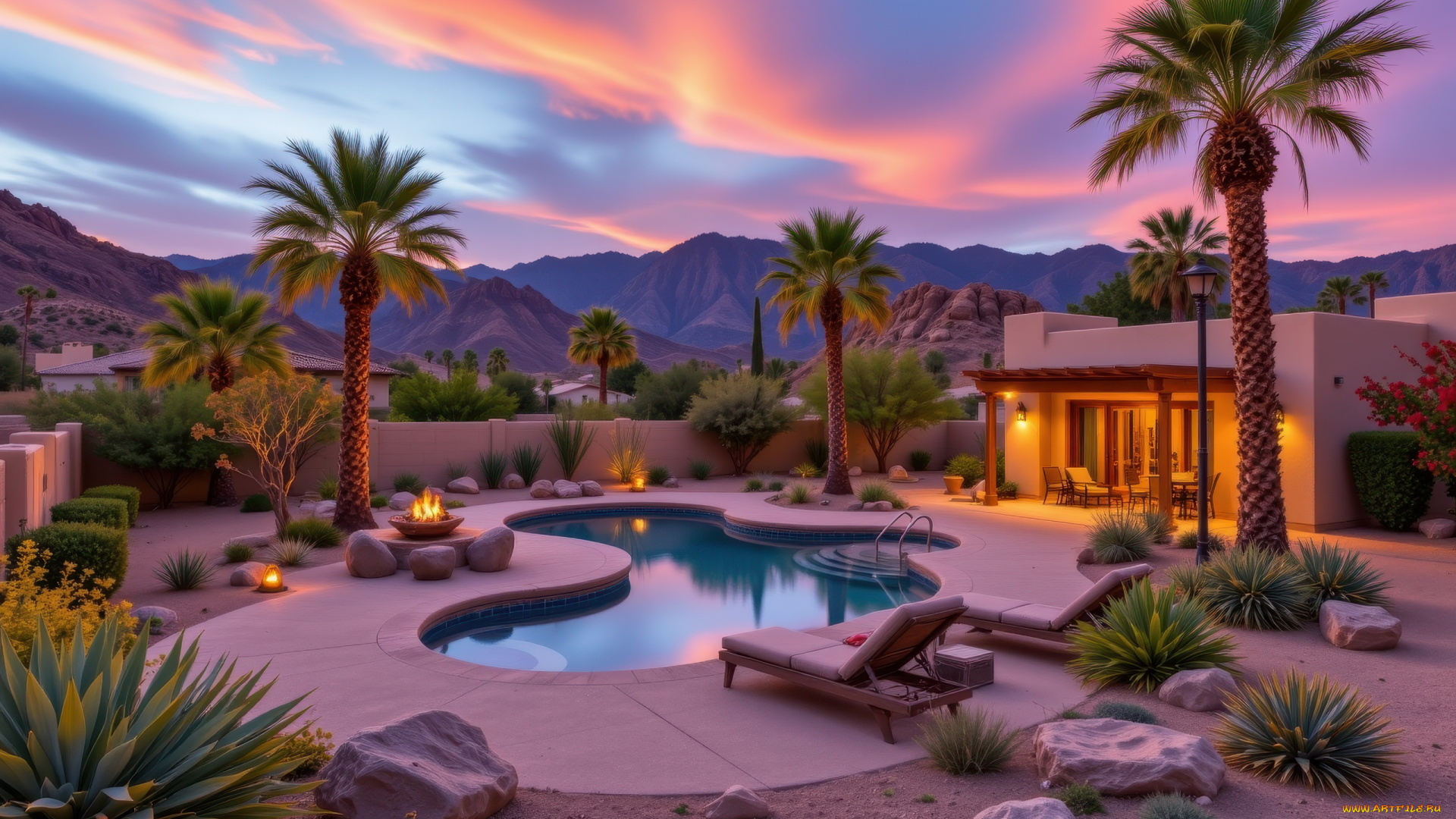 3д, графика, реализм, , realism, пальмы, бассейн, закат