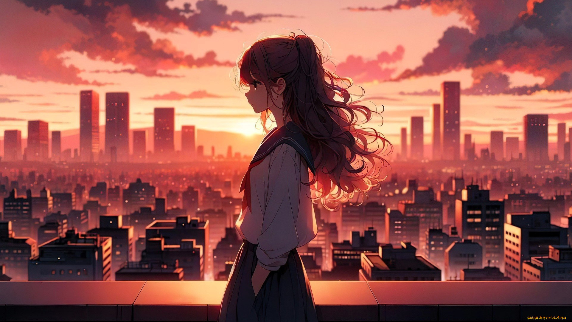 аниме, город, , улицы, , интерьер, , здания, девочка, форма, закат, панорама, балкон