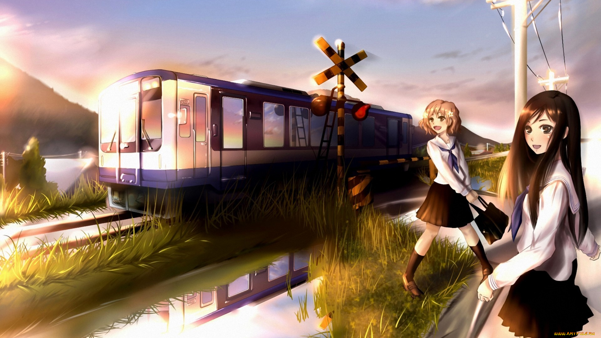 аниме, оружие, , техника, , технологии, девочки, форма, поезд, железная, дорога, трава, лужи