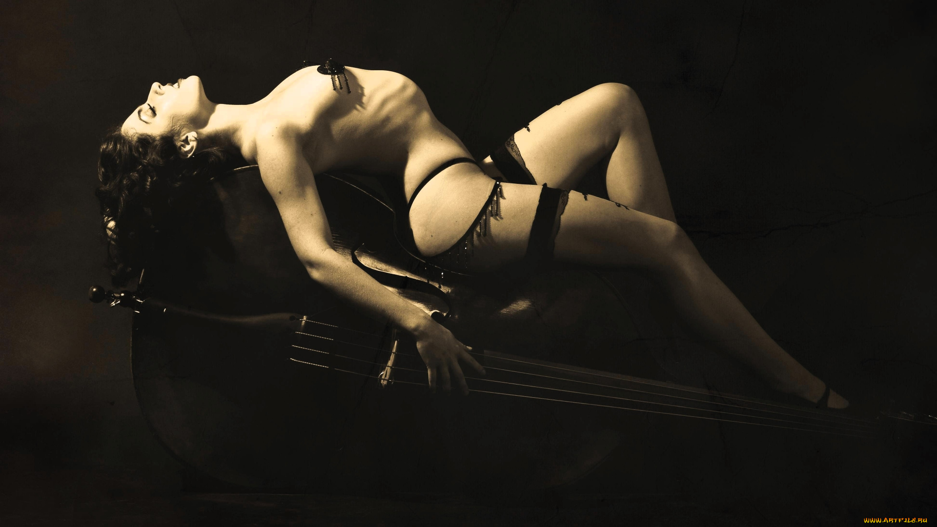 девушки, -, черно-белые, брюнетка, белье, чулки, контрабас