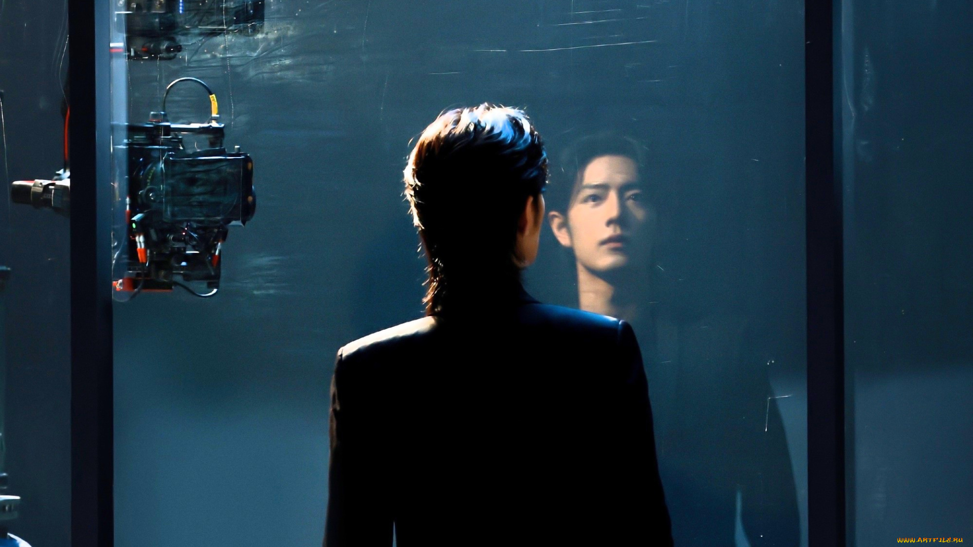 мужчины, xiao, zhan, актер, пиджак, стекло, отражение, камера