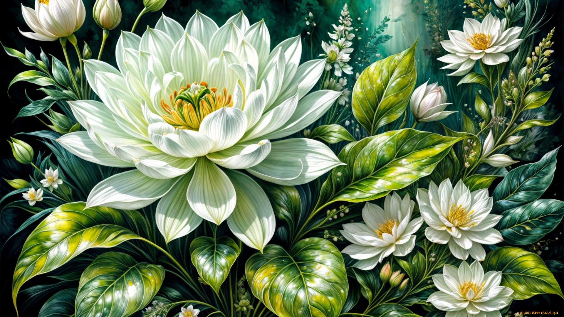 рисованное, цветы, листья, бутоны