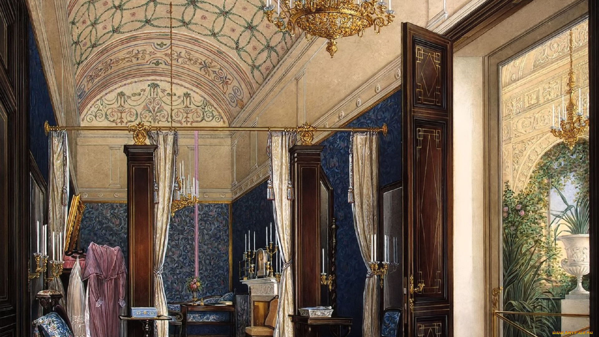 рисованное, эдуард, гау, интерьер, свод, люстра, комната, дверь, шторы