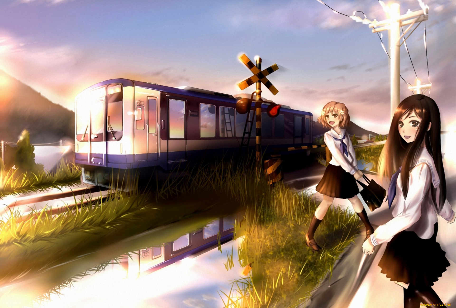 аниме, оружие, , техника, , технологии, девочки, форма, поезд, железная, дорога, трава, лужи