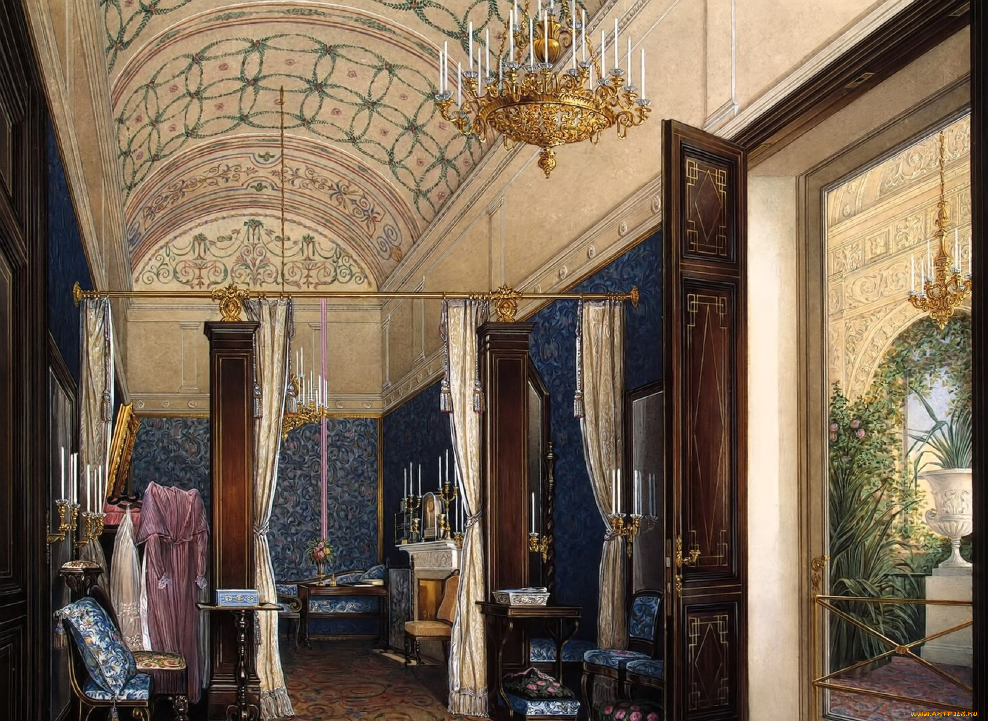 рисованное, эдуард, гау, интерьер, свод, люстра, комната, дверь, шторы
