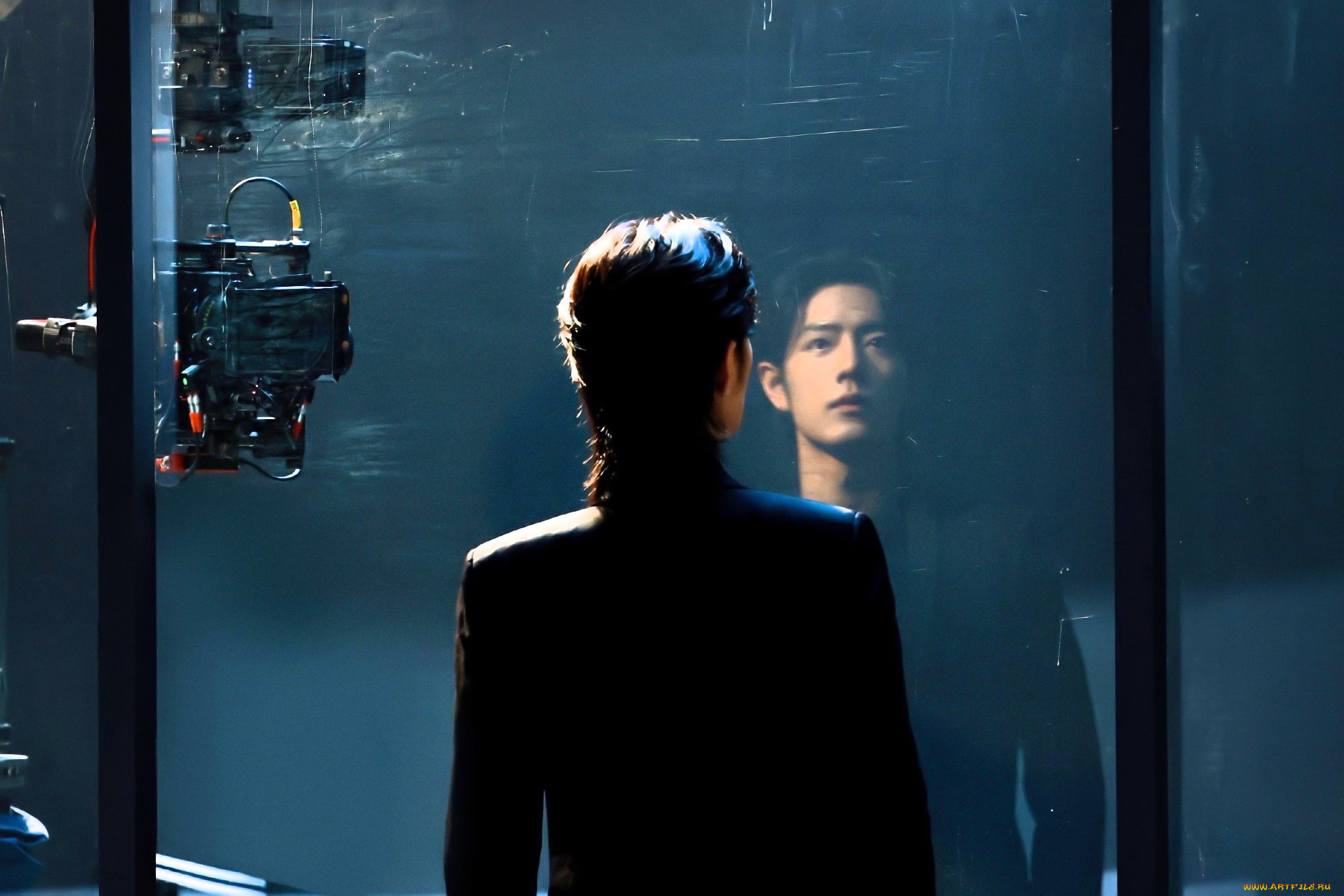 мужчины, xiao, zhan, актер, пиджак, стекло, отражение, камера