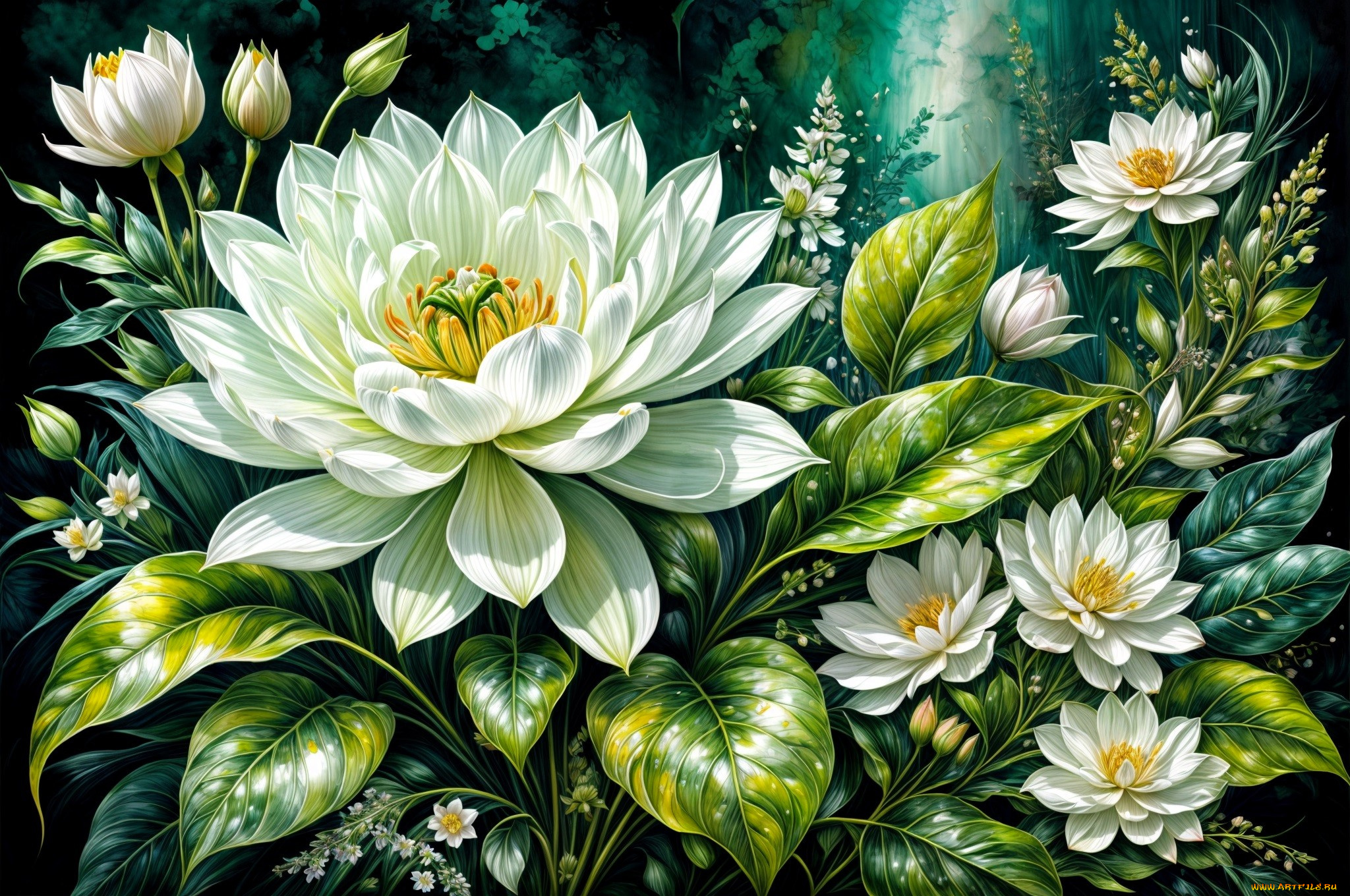 рисованное, цветы, листья, бутоны