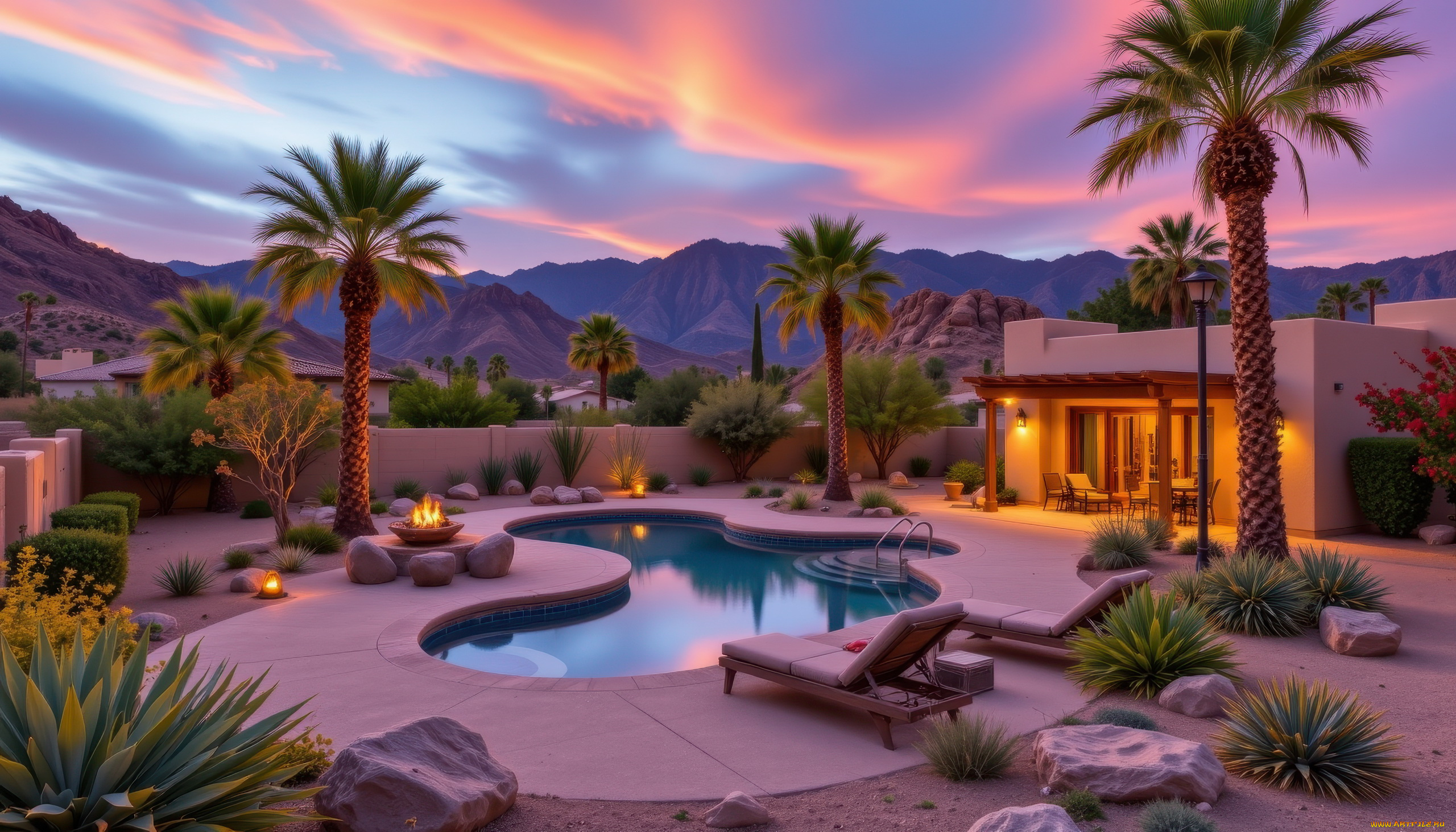 3д, графика, реализм, , realism, пальмы, бассейн, закат