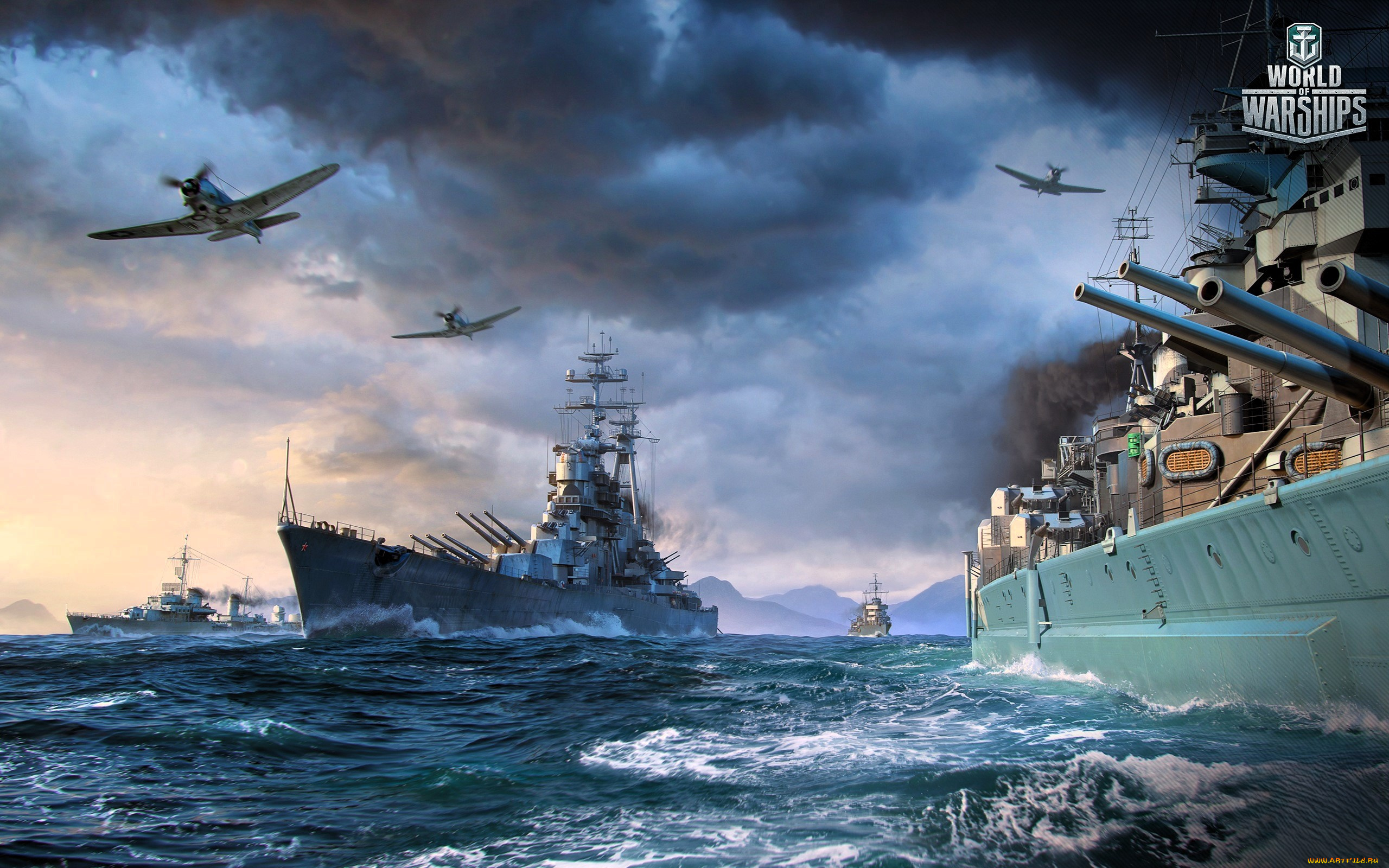 видео, игры, world, of, warships, корабли, самолеты, море, небо, тучи