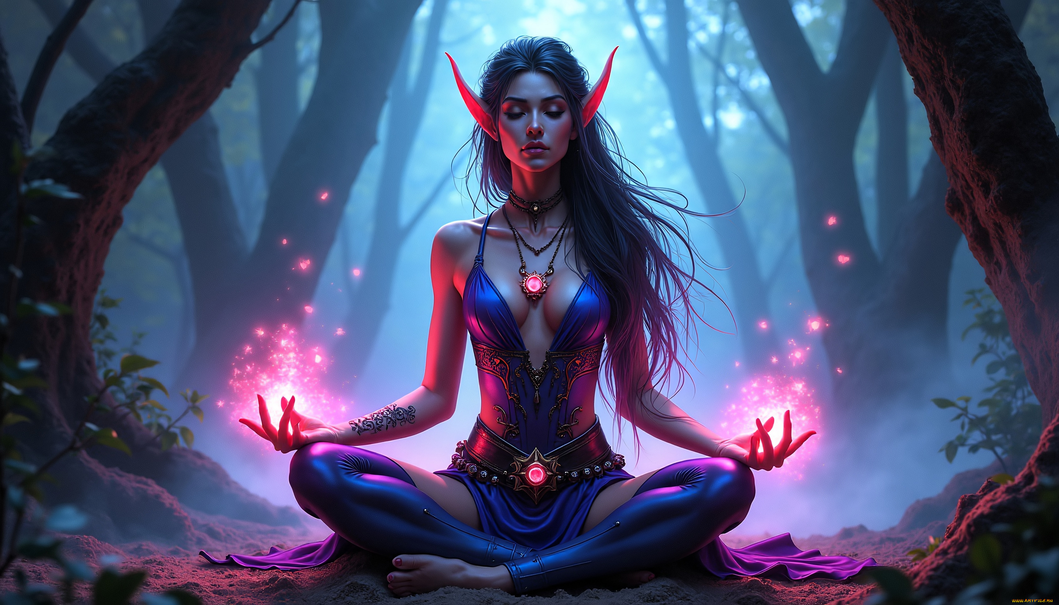 фэнтези, эльфы, девушка, эльфийка, лес, магия