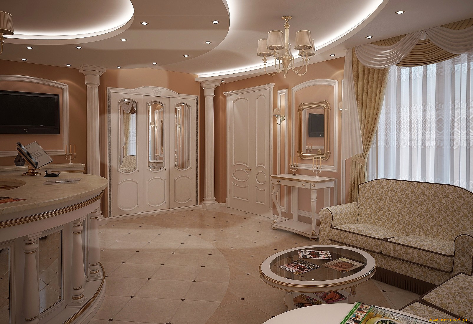 интерьер, холлы, лестницы, корридоры, бежевый, отель, диван, двери