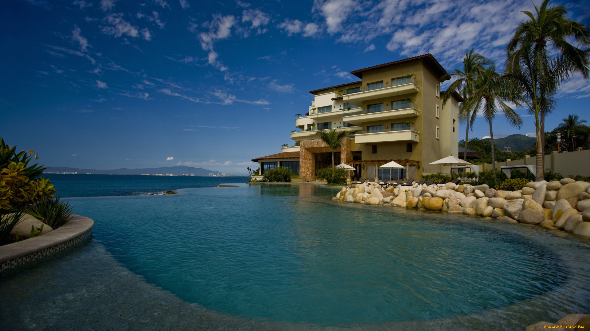 интерьер, бассейны, открытые, площадки, бассейн, пальма, камни