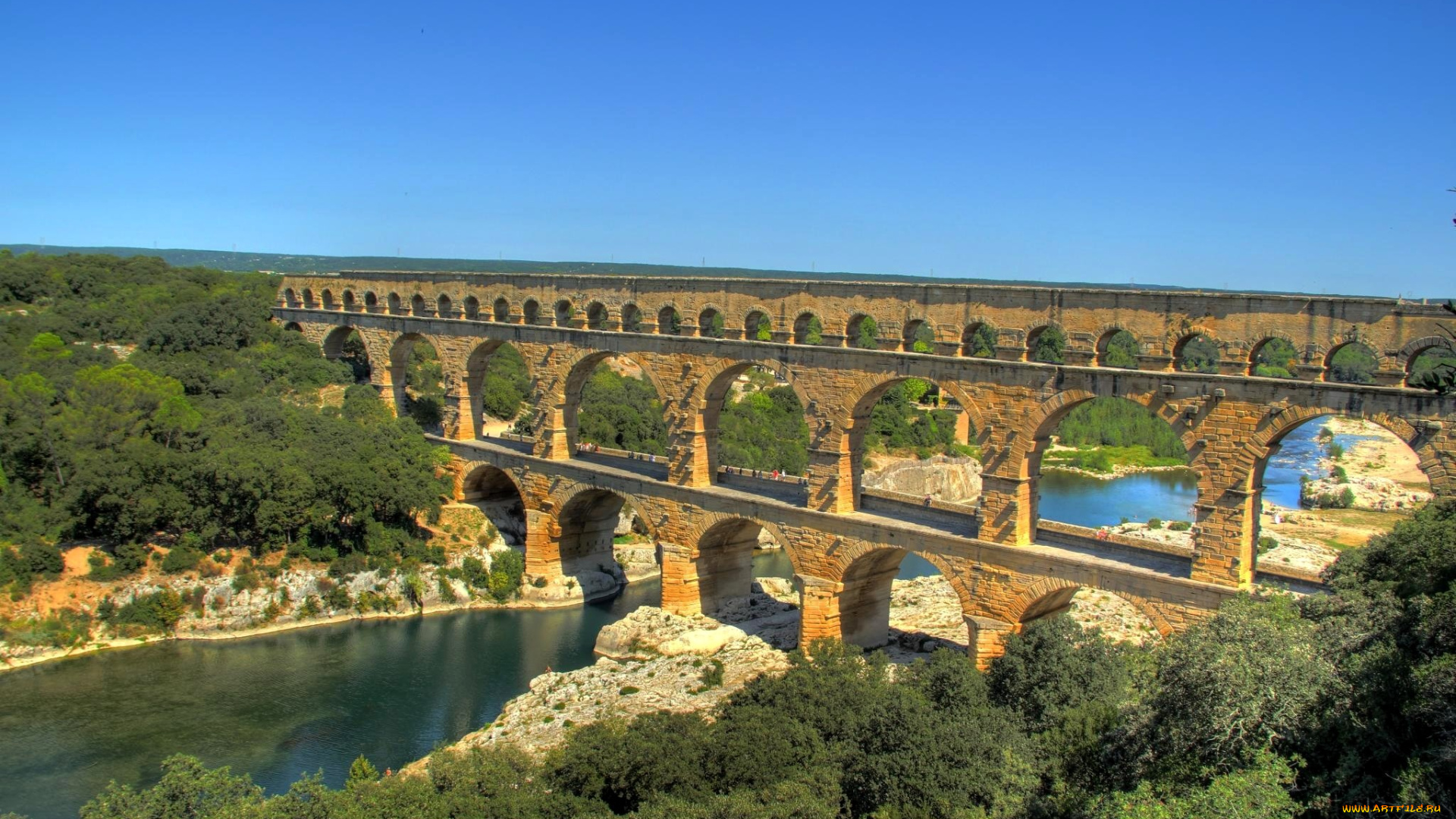 виадук, лепон, дю, гар, франция, города, мосты, арки, река, деревья