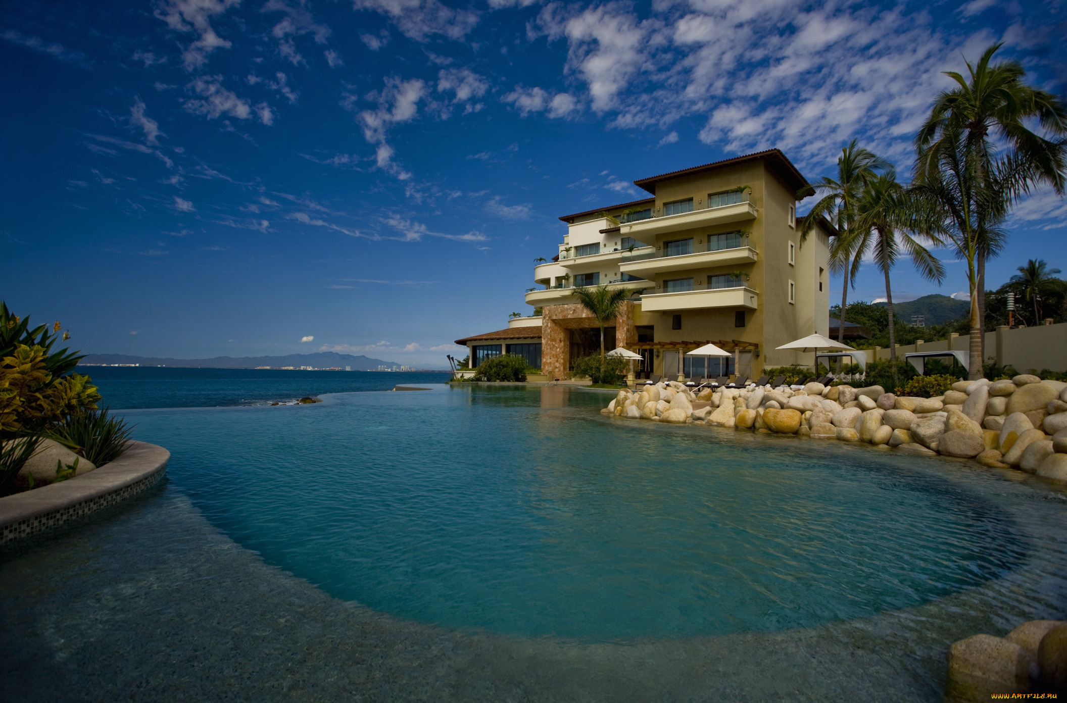 интерьер, бассейны, открытые, площадки, бассейн, пальма, камни