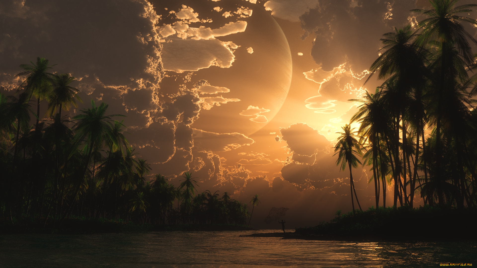 фэнтези, пейзажи, ночь, океан, острова, пальмы, планета