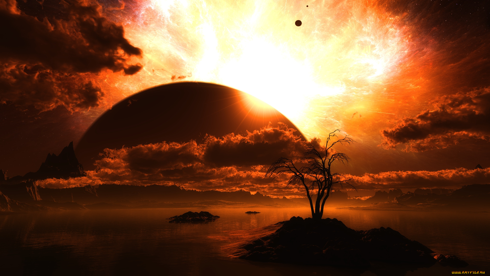 фэнтези, пейзажи, остров, океан, горы, солнце