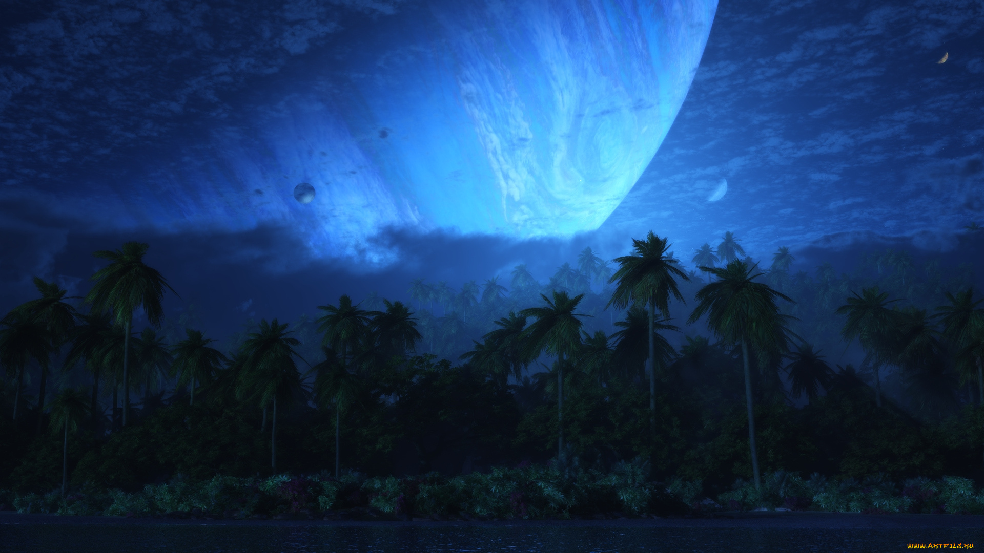 фэнтези, пейзажи, пальмы, тучи, планеты