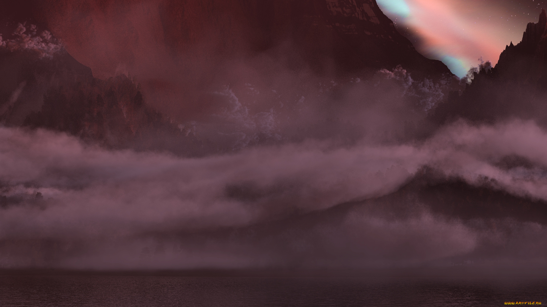 фэнтези, пейзажи, туман, звезды, озеро, горы