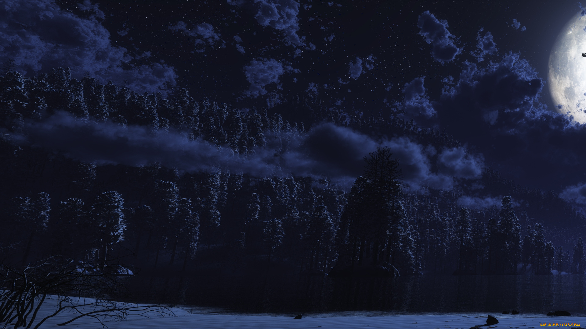 фэнтези, пейзажи, упряжка, луна, лес, озеро, ночь